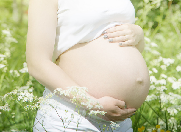 pregnant womans belly in an outdoor setting - Zdjęcie, obraz