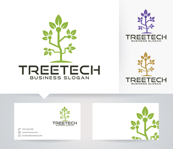 Tree Tech vector logo met alternatieve kleuren en visitekaartjes sjabloon - Vector, afbeelding