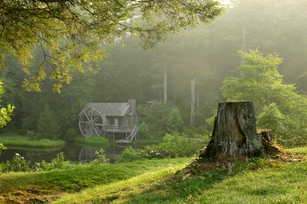 Ancien moulin à eau en forêt à l'aube
 - Photo, image