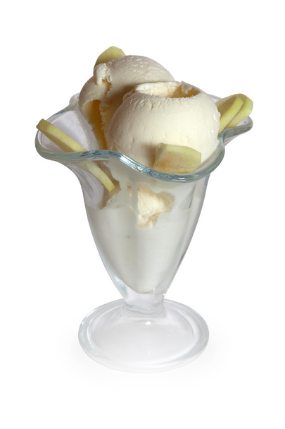 Egy kis üveg tál gyümölcsöt a sima háttérben vanília fagylalttal - Fotó, kép