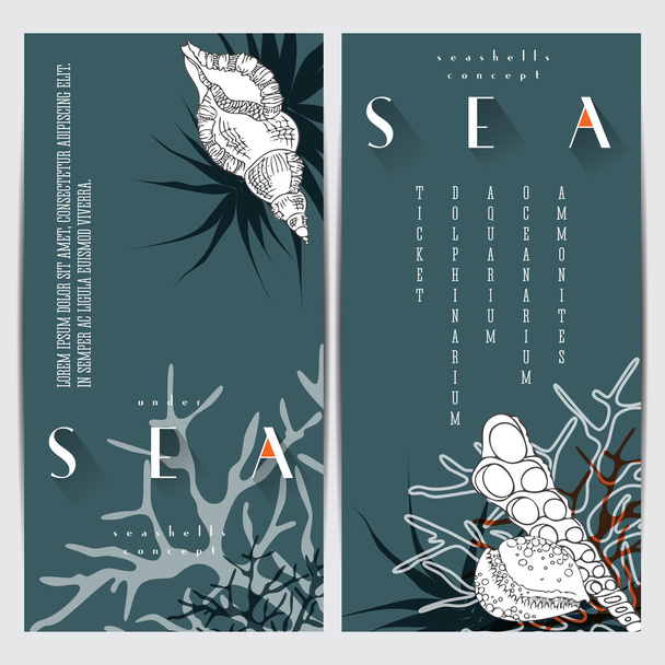 Sea life concept design, seashells vector line art composition with corals, algae and text. Coral reef graphic design card on turquoise background with sea logo. - Vektor, Bild