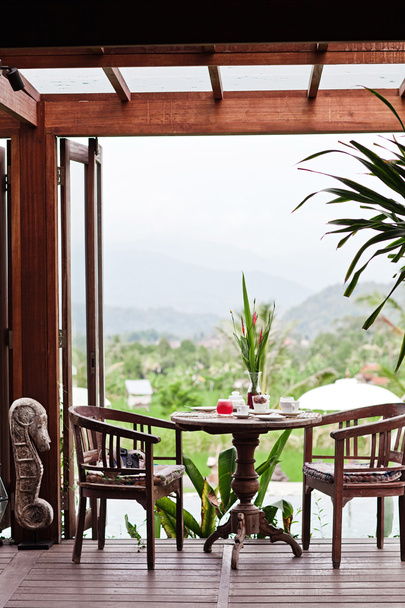 Healthy yummy breakfast with a beautiful view. Bali hotel. Morning mood - Фото, изображение