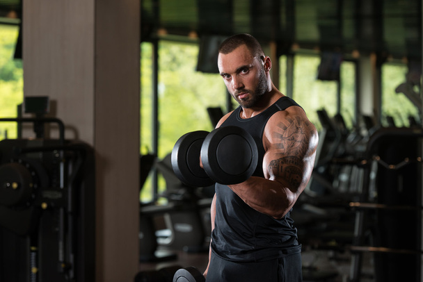 Beard Man Exercise Biceps With Dumbbells - Фото, изображение