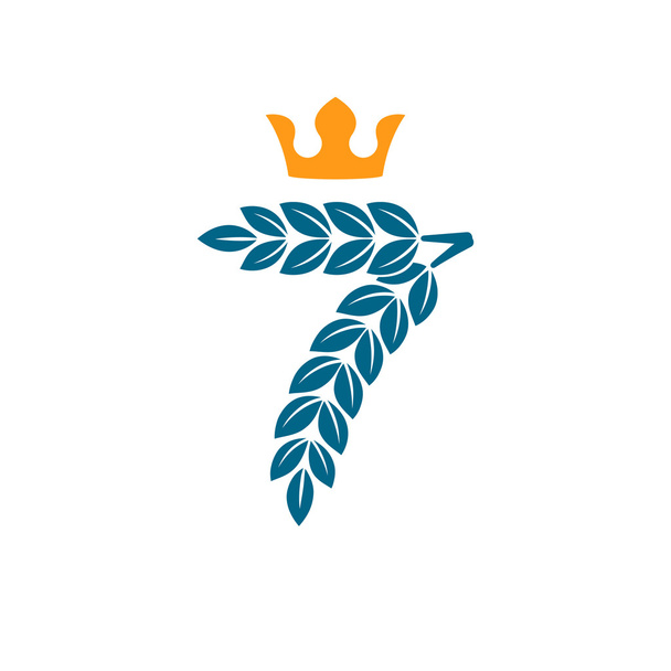 Číslo sedm logo tvořená vavřínový věnec s korunou.  - Vektor, obrázek
