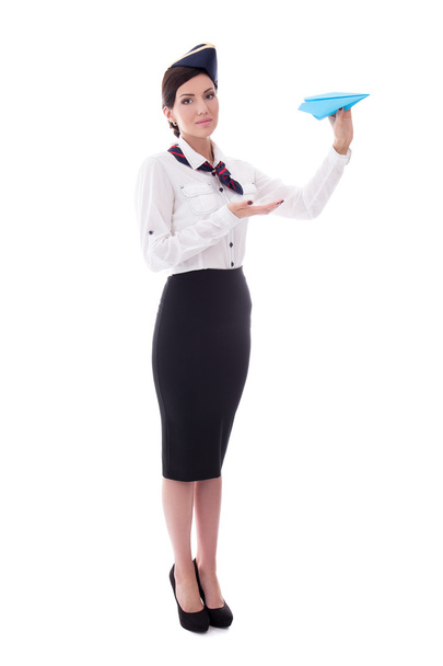 full length portrait of young stewardess with paper plane isolat - Fotoğraf, Görsel