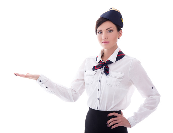 portrait of welcoming stewardess in uniform isolated on white - Zdjęcie, obraz