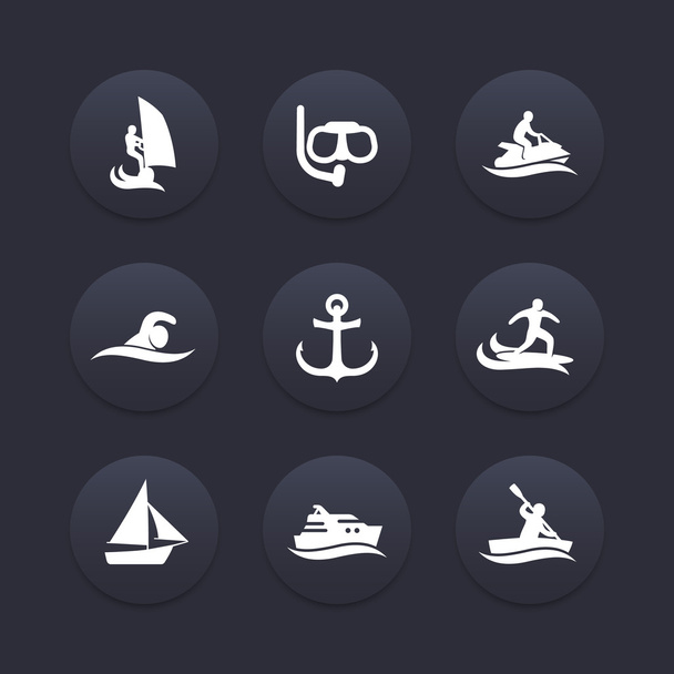 Wassersport-Ikonen, Tauchen, Schwimmen, Rudern, Surfen, dunkle Symbole gesetzt, Vektor-Illustration - Vektor, Bild