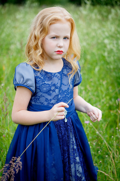 Portrait of beautiful little girl in the blue dress - Fotó, kép
