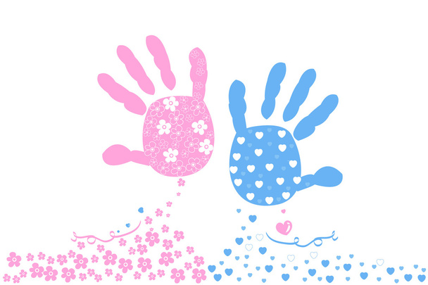 Δίδυμος μωρό αγόρι και κορίτσι. Εκτυπώνει το μωρό χέρι. Διάνυσμα ευχετήρια κάρτα άφιξης μωρό - Διάνυσμα, εικόνα