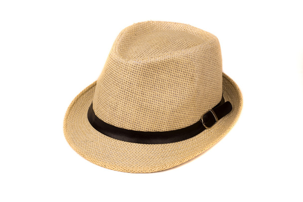 Bonito sombrero de paja aislado sobre fondo blanco, sombrero de paja marrón aislado sobre fondo blanco
 - Foto, imagen