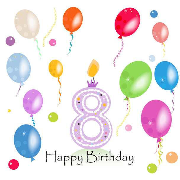 Szczęśliwy, ósme urodziny świeca wektor z kolorowy konfetti i balony wektorowych ilustracji. Karta urodzinowa - Wektor, obraz