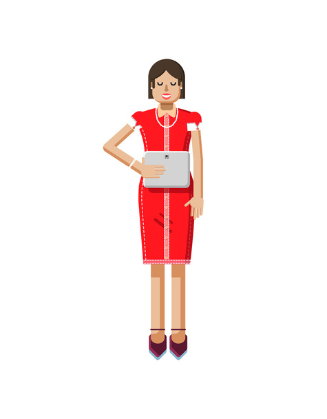 illustratie geïsoleerd van Europese vrouw met donker haar in de rode jurk en laptop - Vector, afbeelding