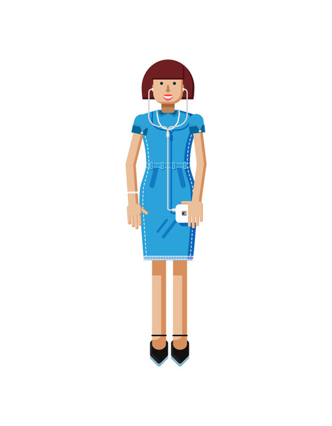 Abbildung einer europäischen Frau mittleren Alters, braune Haare, blaues Kleid, Touchscreen, Mädchen mit Smartphone - Vektor, Bild