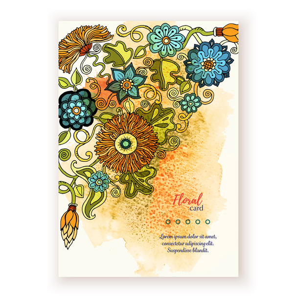 Artwork with watercolor splash and floral doodle pattern. - Vecteur, image