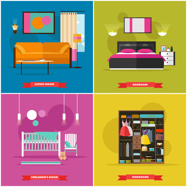 Home interior vector illustrazione in stile piatto. Casa di design con mobili, letto, divano, armadio. Elementi e icone
 - Vettoriali, immagini