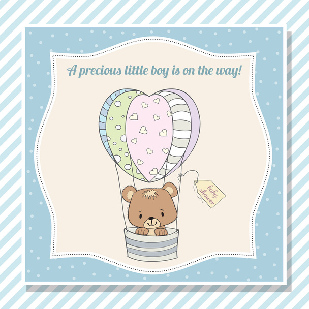 baby jongen douche kaart met teddy bear - Vector, afbeelding