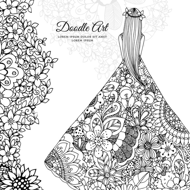 Vector εικονογράφηση Ζεν κουβάρι κορίτσι σε ένα floral φόρεμα. Doodle λουλούδια, δέντρο. Χρωματισμός βιβλίο παραστάσι στρες για τους ενήλικες. Μαύρο λευκό. - Διάνυσμα, εικόνα