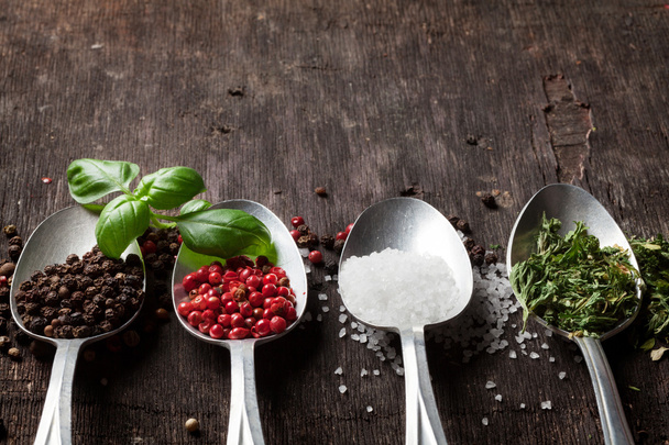 Herbs and spices in spoons - Photo, image