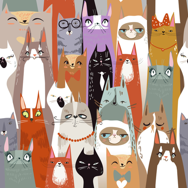 Engraçado desenho animado sem costura gatos padrão
 - Vetor, Imagem