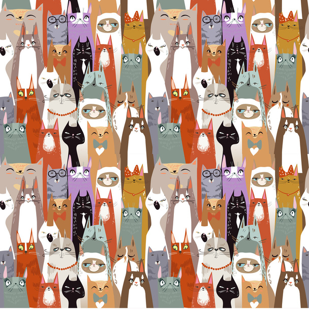 Kreskówka śmieszne koty bezszwowe wzór - Wektor, obraz