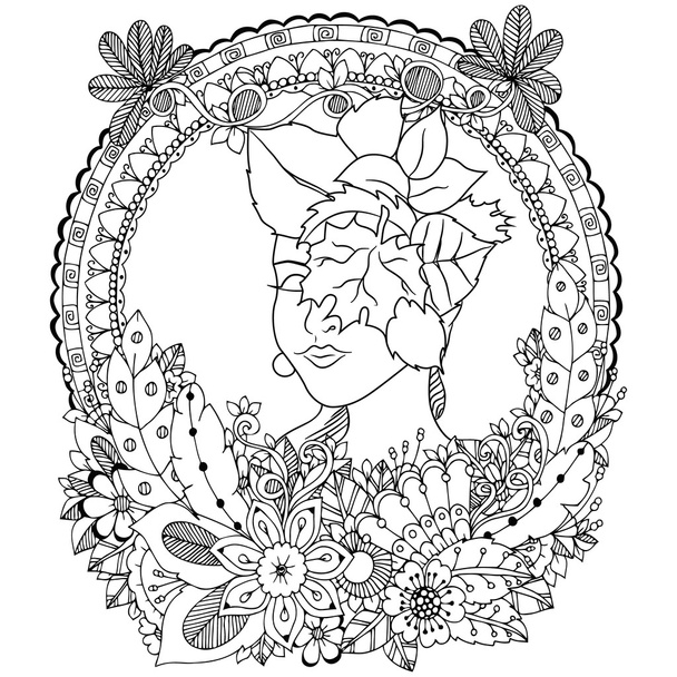 Ilustración vectorial Zen Tangle chica con flores. Dibujo Doodle. Libro para colorear anti estrés para adultos. Blanco negro
. - Vector, Imagen