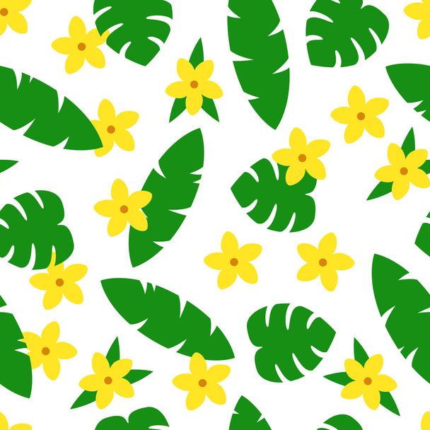 Seamless pattern with tropic leaves and flowers on white background. - Vector, Imagen
