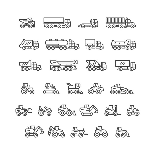Set line icons of trucks and tractors - Vector, Image