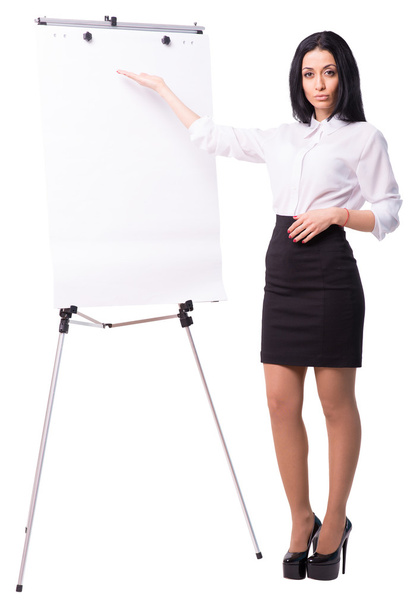Esiteltävä Business Lady seisoo vieressä Flipchart Cutout
 - Valokuva, kuva
