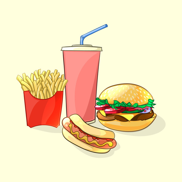 Fast food meal in cartoon style. Vector illustration - Vector, Image