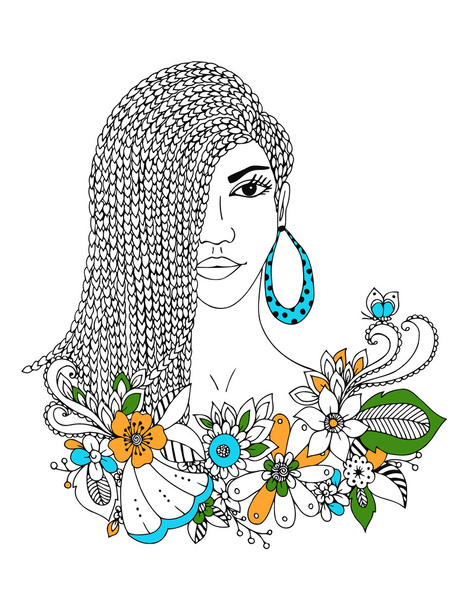Ilustración vectorial retrato zentangl mujer afroamericana, mulato, negro. Doodle marco floral, trenzas, libro para colorear anti estrés para adultos. Blanco y negro
. - Vector, Imagen