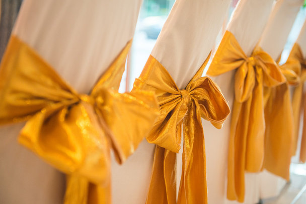 Wedding chairs in row decorated with golden color ribbon - Photo, image