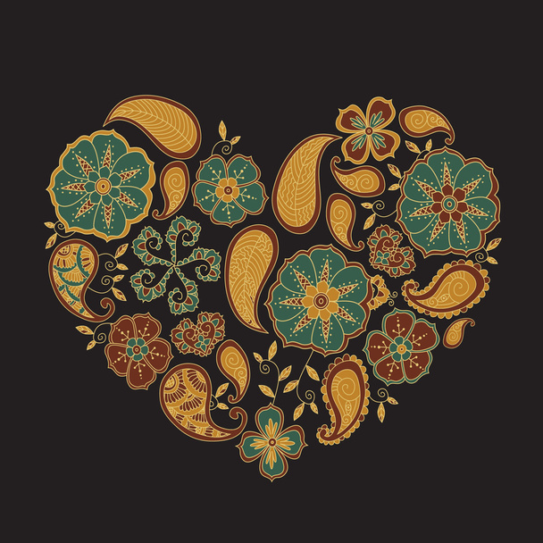 Colorful heart with mehendi flowers and leafs on dark background. - Vektör, Görsel