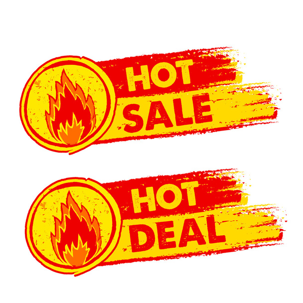 Hot prodej a obchod na ohni, žlutá a červená nakreslena štítky s flam - Vektor, obrázek