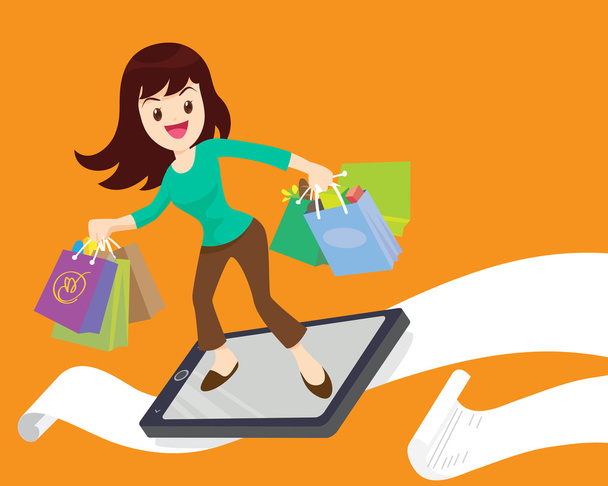 Frau beim Einkaufen surft per Telefon - Vektor, Bild