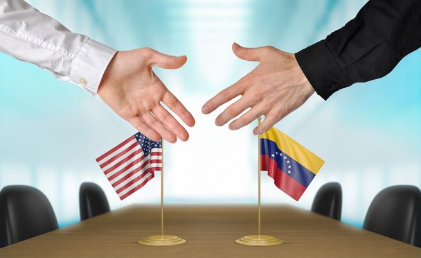 Stany Zjednoczone i Wenezuela dyplomatów drżenie rąk do uzgodnienia deal, część renderowania 3d - Zdjęcie, obraz