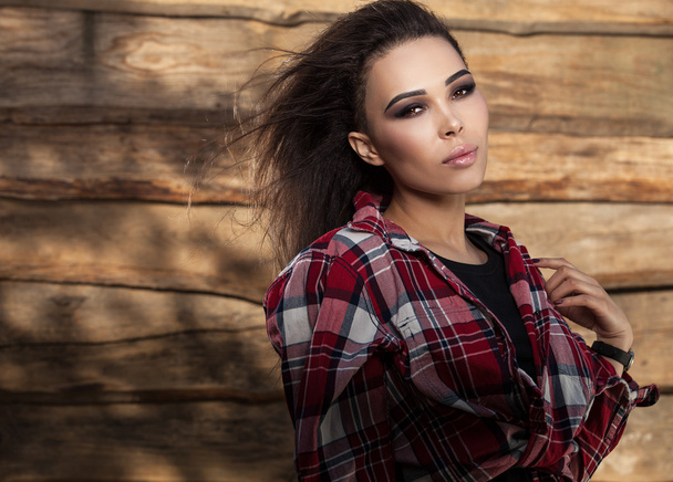 Young sensual & beauty woman pose on grunge wooden background - Fotografie, Obrázek
