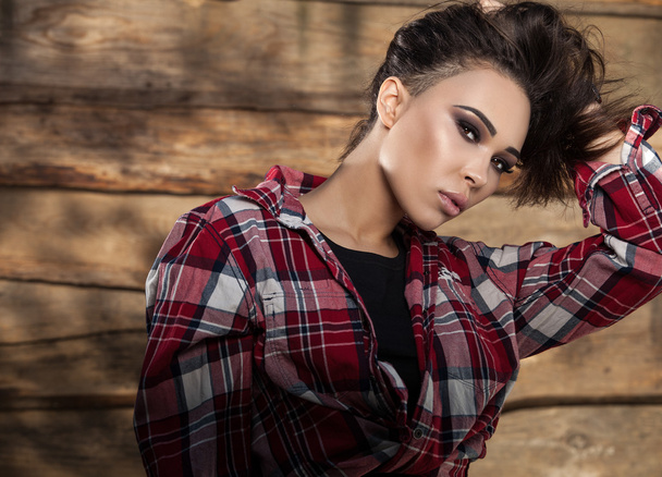 Young sensual & beauty woman pose on grunge wooden background - Zdjęcie, obraz