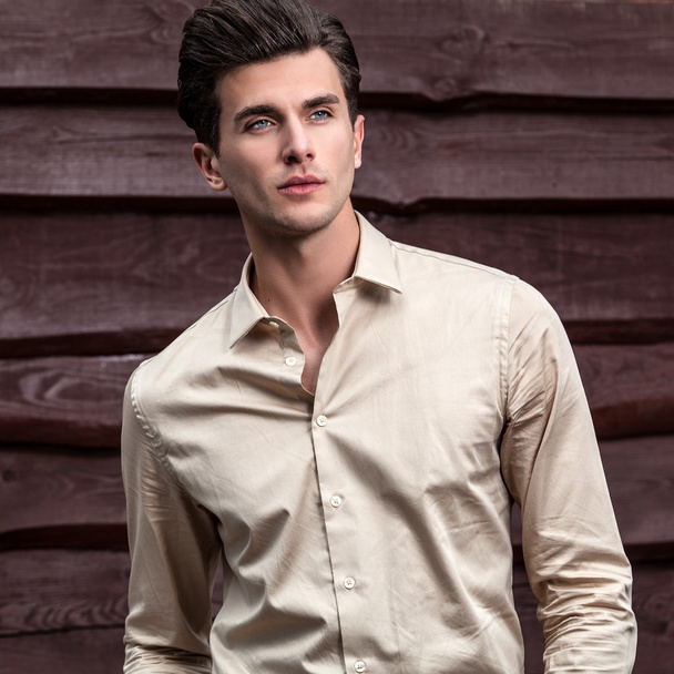Portrait of young beautiful fashionable man against wooden wall - Foto, Imagen
