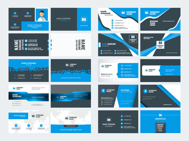 Conjunto de modelos modernos de cartões de visita criativos. Cores azul e preto. Ilustração vetorial de estilo plano. Desenho de papelaria
 - Vetor, Imagem