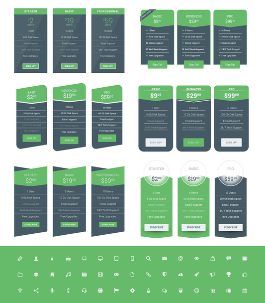 Set of Pricing Table Design Templates for Websites and Applications. Vector Pricing Plans with Icon Set. Green and Black Colors. Flat Style Vector Illustration - Wektor, obraz