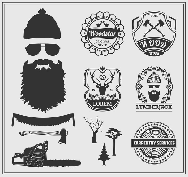 Lumberjack labels, emblems and design elements. - Vektör, Görsel