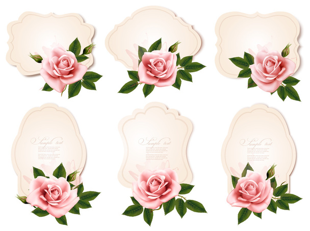 Collection of retro greeting cards with pink roses. Vector illus - Vektör, Görsel