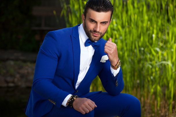 Elegant handsome man in classical blue costume pose outdoor - Φωτογραφία, εικόνα