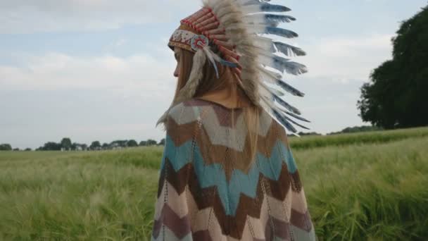 A mezőt a reggel vissza nézetben-lassított séta a gyönyörű nő keres indián indián. - Felvétel, videó