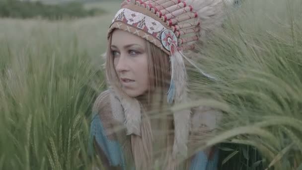 Closeup της Native American Indian ψάχνει όμορφη γυναίκα στο πεδίο. - Πλάνα, βίντεο