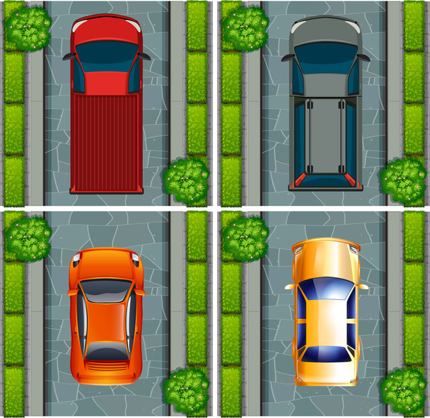 Nákladní a osobní automobily parkoviště na silnici - Vektor, obrázek