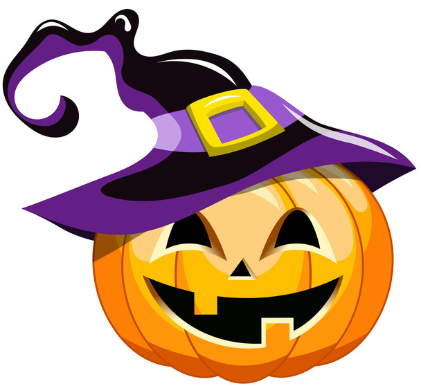 Cartoon halloween pompoen dragen heks hoed geïsoleerd - Vector, afbeelding