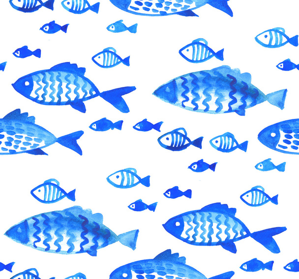 seamless fish pattern. sea watercolor illustration. blue water h - Zdjęcie, obraz