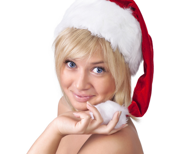 Beautiful smiling woman in Santa Claus hat, portrait - Foto, Imagem