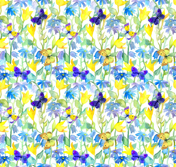 Flowers and butterflies. Watercolor floral seamless pattern. Watercolour - Фото, зображення